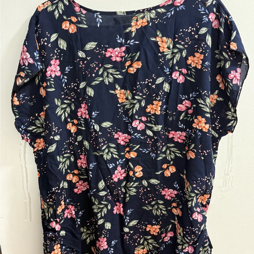 Ace Fashion Navy Blue Floral Short Sleeve Blouse Cinch Side Top Womens 2X - Picture 2 of 3